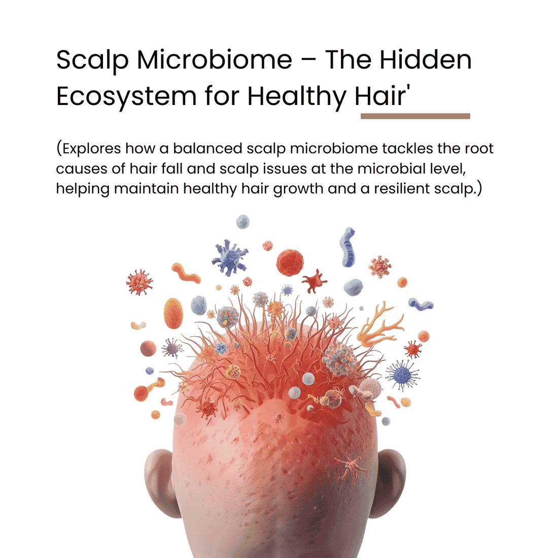 Illustration of a healthy scalp microbiome showing hair follicles with beneficial bacteria, probiotics, prebiotics, postbiotics, aloe vera, and chamomile on a white background – promoting balanced scalp and healthy hair growth.