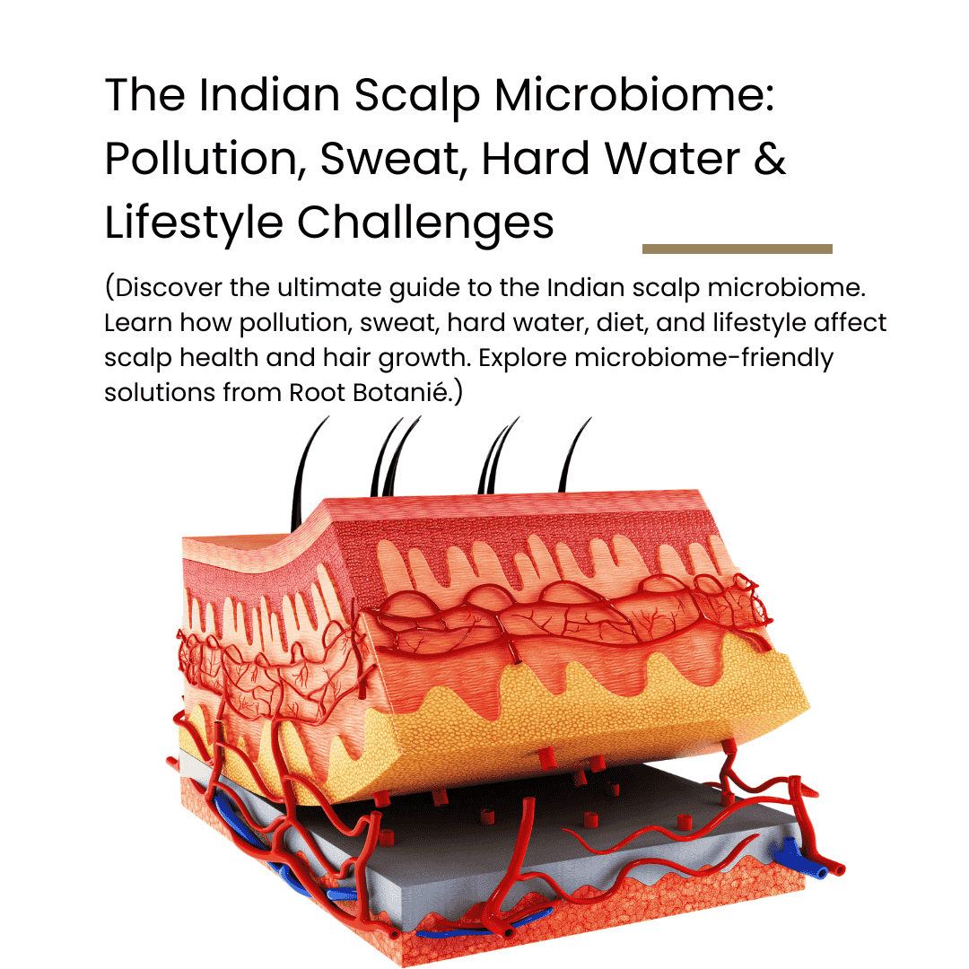 Discover the ultimate guide to the Indian scalp microbiome. Learn how pollution, sweat, hard water, diet, and lifestyle affect scalp health and hair growth. Explore microbiome-friendly solutions from Root Botanié.