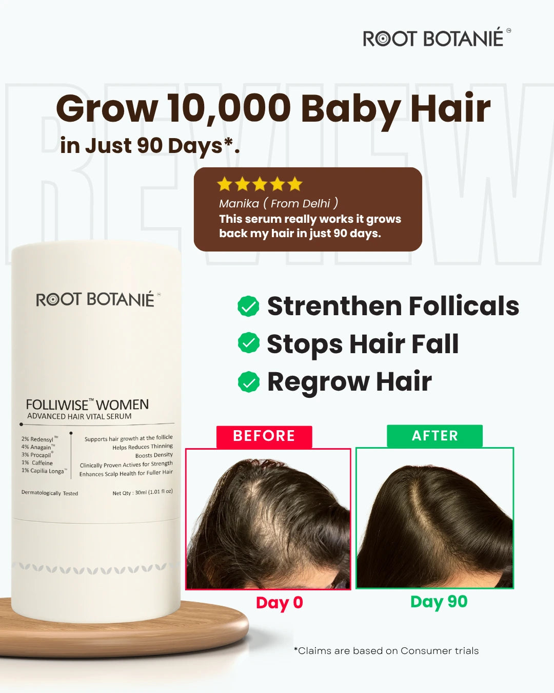 Root Botanié hair serum with before and after images on a white background