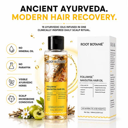 Root Botanie Folliwise Navsutra Hair Oil with 19 Ayurvedic oils, modern Ayurvedic hair recovery oil for scalp microbiome balance and healthy hair growth.