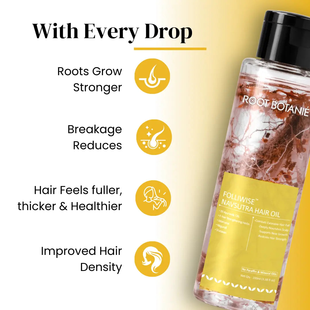 Root Botanie Folliwise Navsutra Hair Oil with 19 Ayurvedic oils, modern Ayurvedic hair recovery oil for scalp microbiome balance and healthy hair growth.s