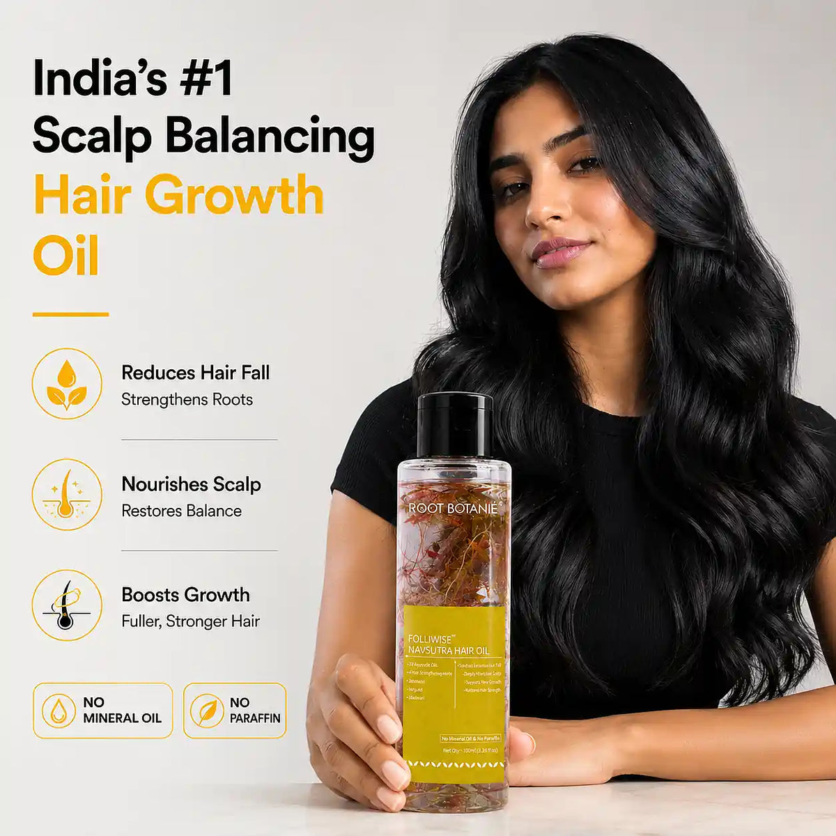 Root Botanie Folliwise Navsutra Hair Oil product packaging, Ayurvedic scalp balancing hair oil for men and women, anti hair fall oil with visible herbs and clean formulation.