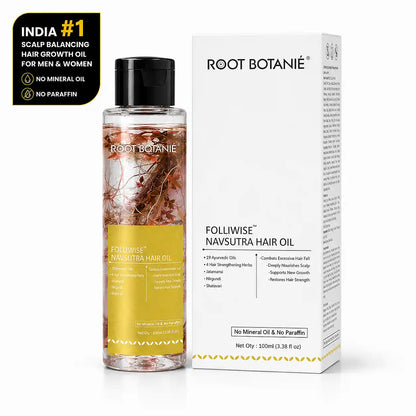 Root Botanie Folliwise Navsutra Hair Oil for hair fall control, scalp balancing, stronger roots, Ayurvedic hair growth oil for men and women, no mineral oil no paraffin hair oil.