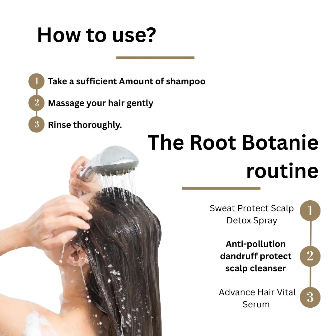 Instructions on how to use hair care products with a person washing hair and a list of The Root Botanie routine steps.