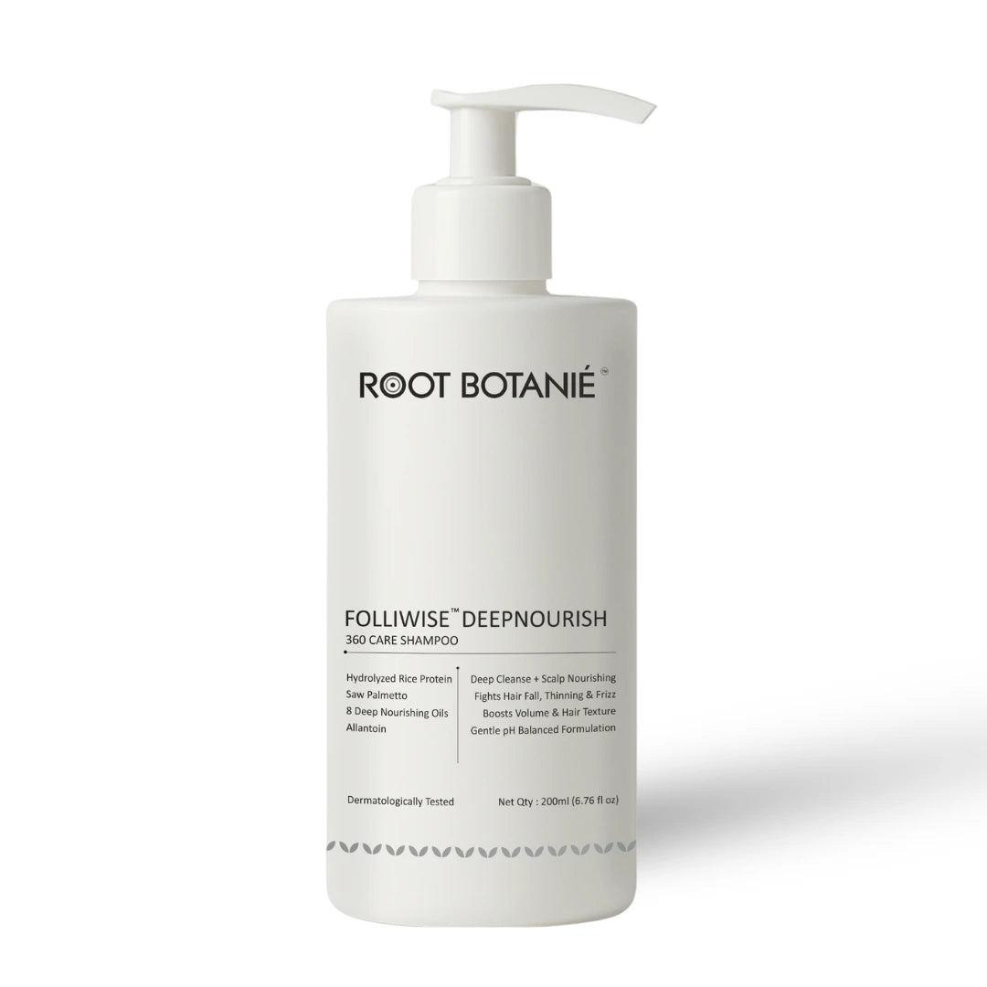 Root Botanie Deep Nourish 360 Care Anti-Hair Fall & Anti-Frizz Shampoo – Best Dermatologist Recommended Medicated Shampoo for Hair Fall and Damaged Hair in India.