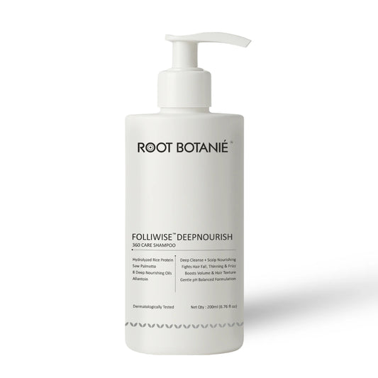 Root Botanie Deep Nourish 360 Care Anti-Hair Fall & Anti-Frizz Shampoo – Best Dermatologist Recommended Medicated Shampoo for Hair Fall and Damaged Hair in India.