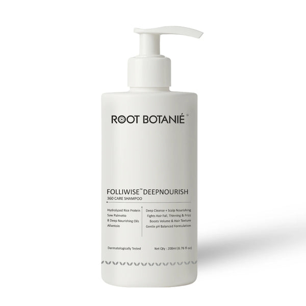 Root Botanie Deep Nourish 360 Care Anti-Hair Fall & Anti-Frizz Shampoo – Best Dermatologist Recommended Medicated Shampoo for Hair Fall and Damaged Hair in India.