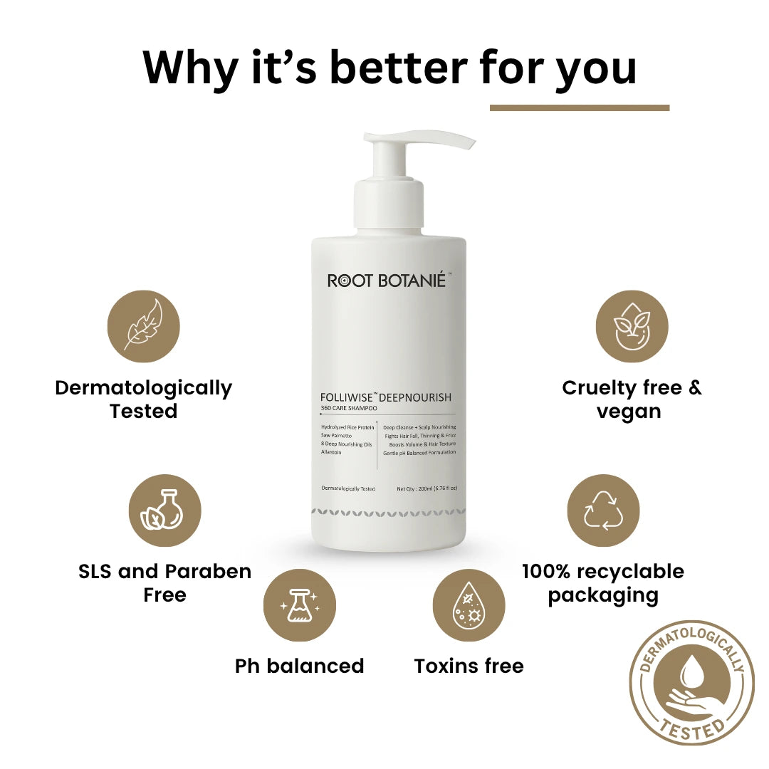 Root Botanié shampoo bottle with certification icons on a white background