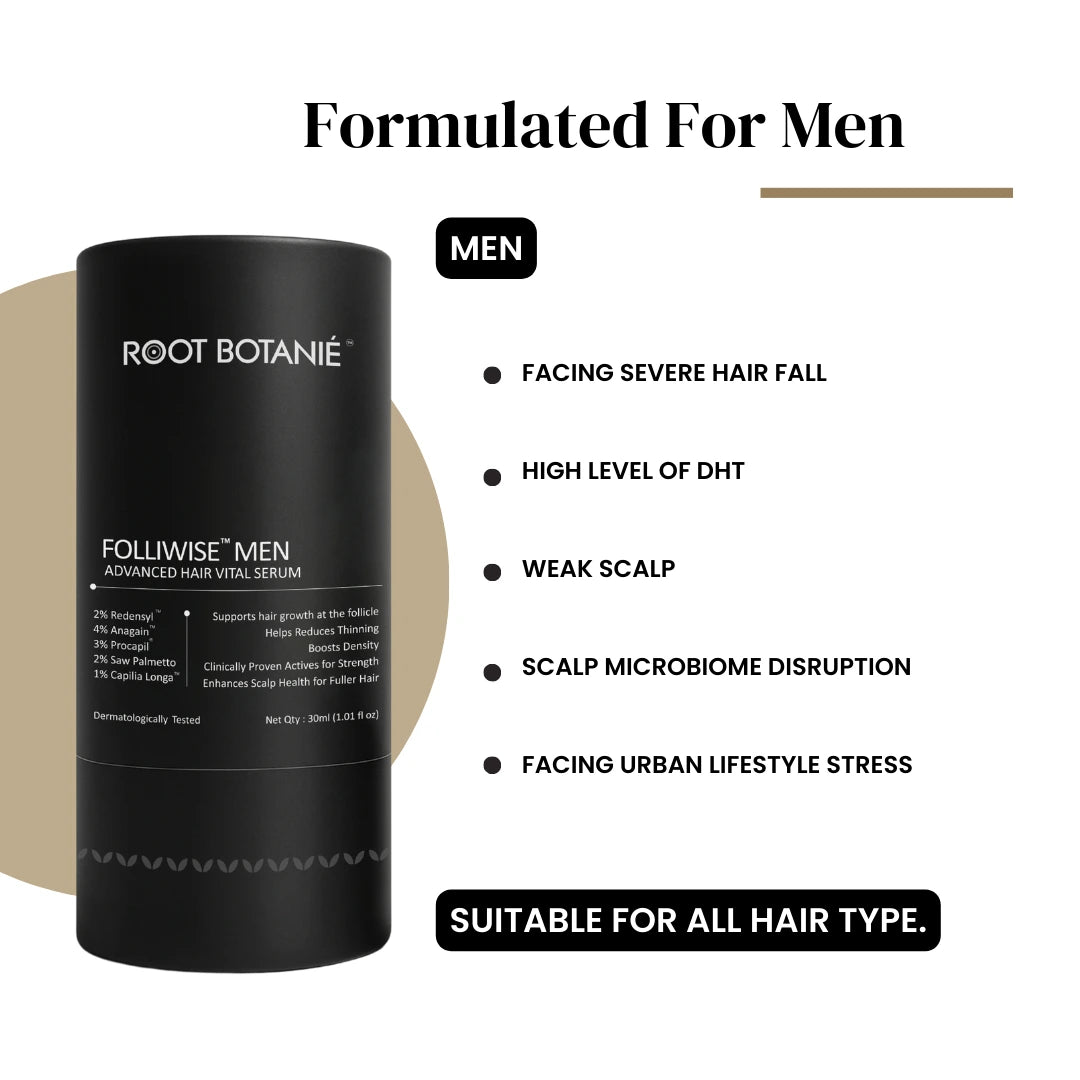 Root Botanie Folliwise Men Advanced Hair Vital Serum Dermatologist recommended best hair growth serum for Men in India, DHT Blocker best for Hair Regrowth , Balance Scalp Microbiome