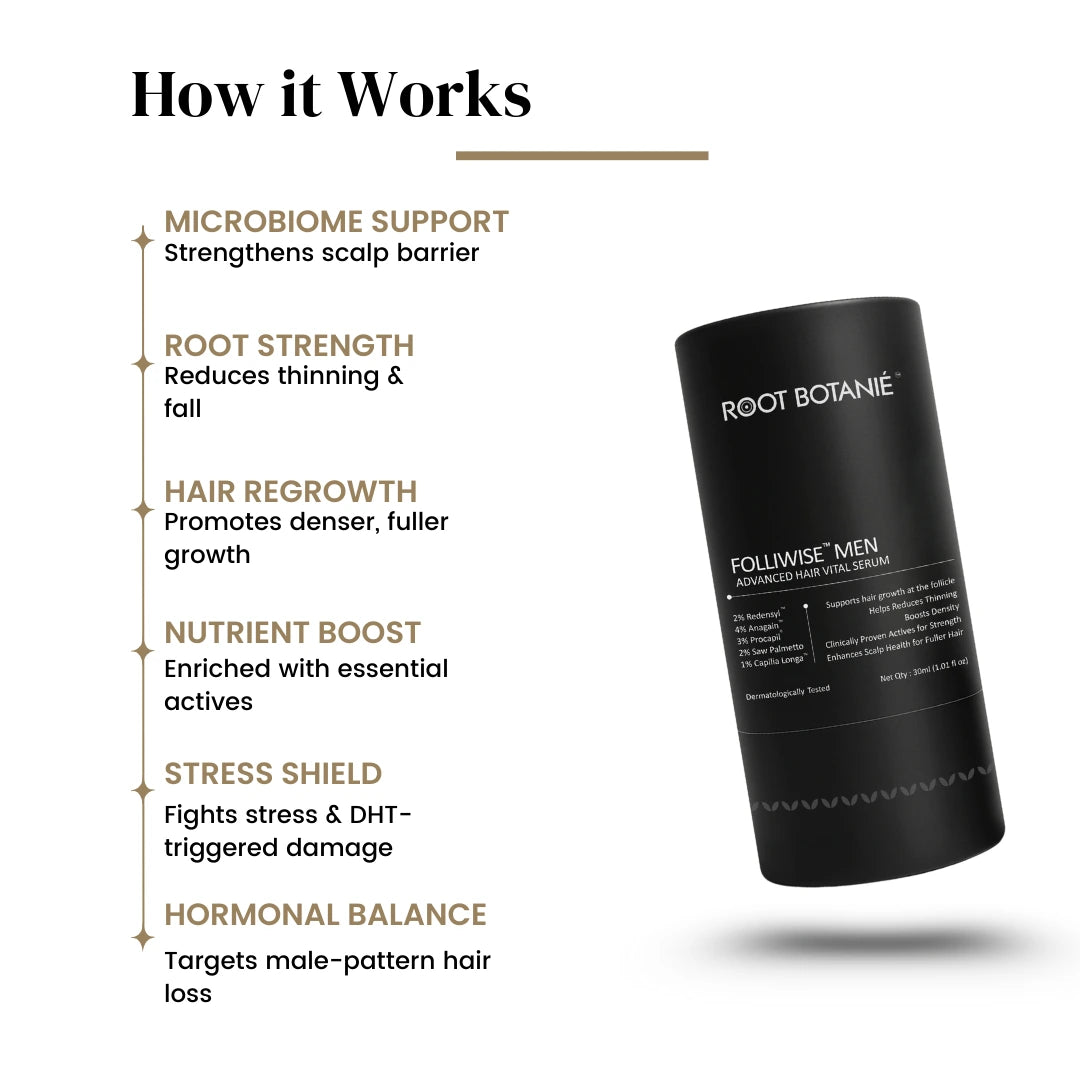 Root Botanie Folliwise Men Advanced Hair Vital Serum Dermatologist recommended best hair growth serum for Men in India, DHT Blocker best for Hair Regrowth , Balance Scalp Microbiome
