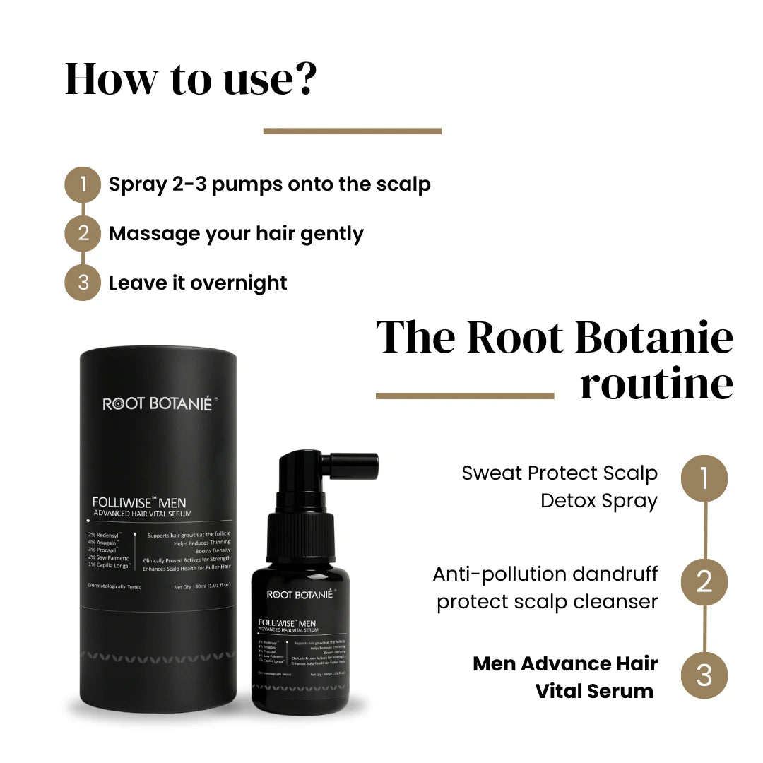 Root Botanie Folliwise Men Advanced Hair Vital Serum Dermatologist recommended best hair growth serum for Men in India, DHT Blocker best for Hair Regrowth , Balance Scalp Microbiome