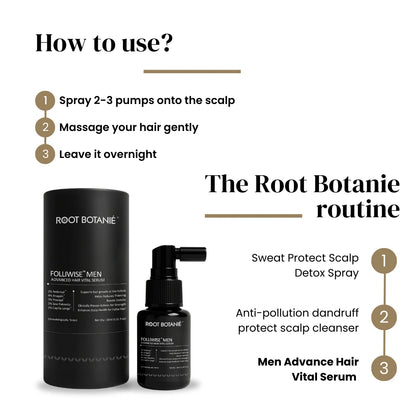 Root Botanie Folliwise Men Advanced Hair Vital Serum Dermatologist recommended best hair growth serum for Men in India, DHT Blocker best for Hair Regrowth , Balance Scalp Microbiome