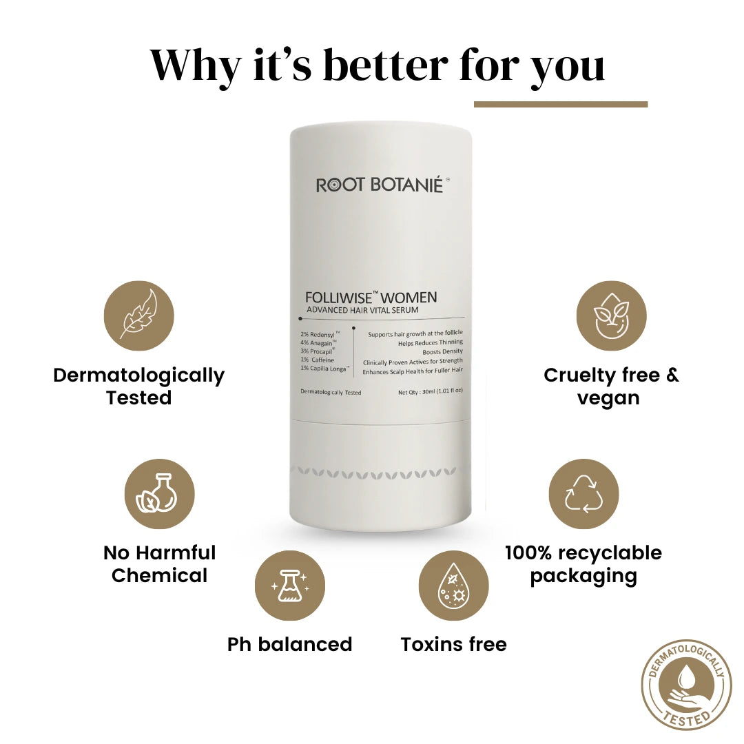 Root Botané women hair vital serum bottle with certification badges on a white background