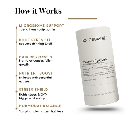Root Botanié hair care product with features listed on a white background Dermatologist recommended best hair growth serum for Women Root Botanie Folliwise women advance hair vital serum.