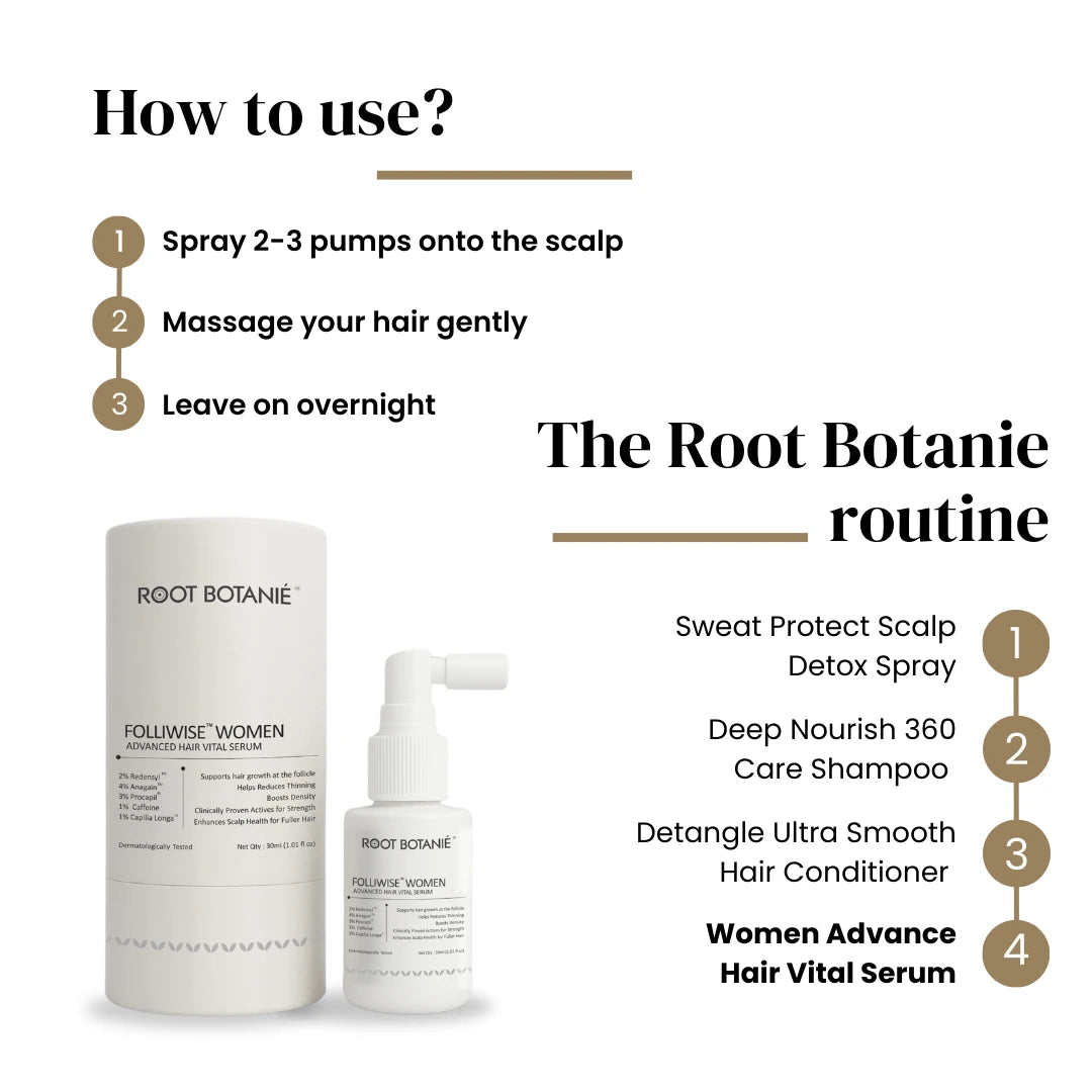 Root Botanie hair care routine with products and usage instructions on a white background Dermatologist recommended best hair growth serum for Women Root Botanie Folliwise women advance hair vital serum.