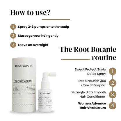 Root Botanie hair care routine with products and usage instructions on a white background Dermatologist recommended best hair growth serum for Women Root Botanie Folliwise women advance hair vital serum.