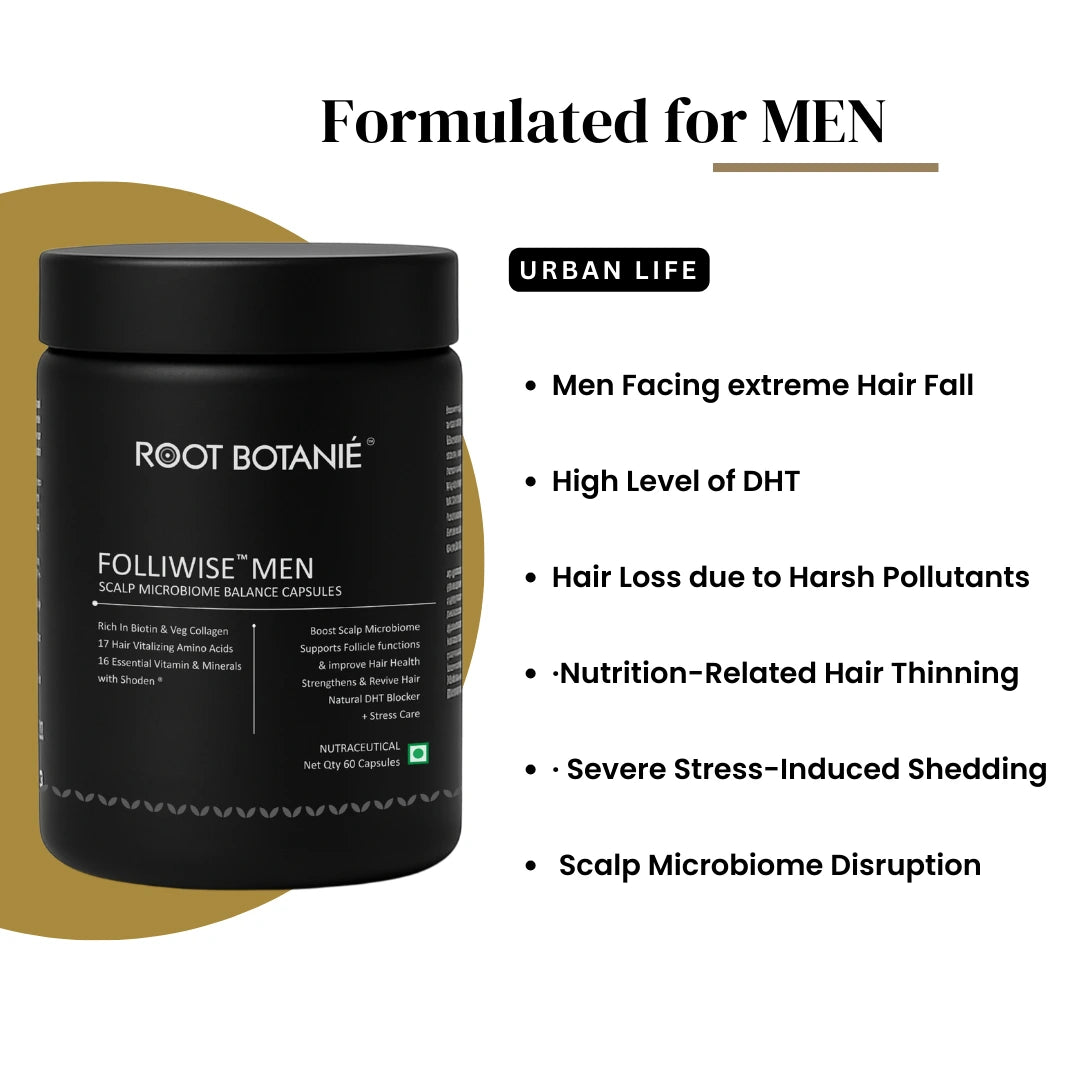 dermatologist recommended India's  best hair regrowth serum for Men , Root Botanie FOLLIWISE men Scalp Microbiome Balance Capsules | Doctor-Recommended Hair Regrowth & Hairfall Control Supplement