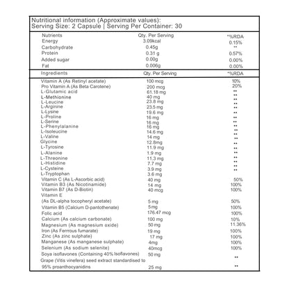 Nutritional information and ingredient list for a supplement on a white background