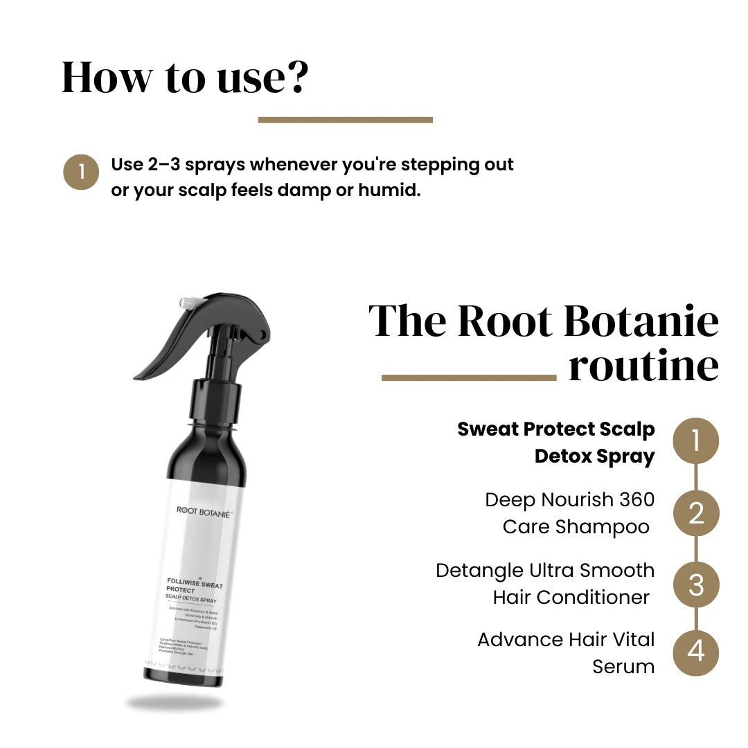 Root Botanie hair care routine with a spray bottle on a white background