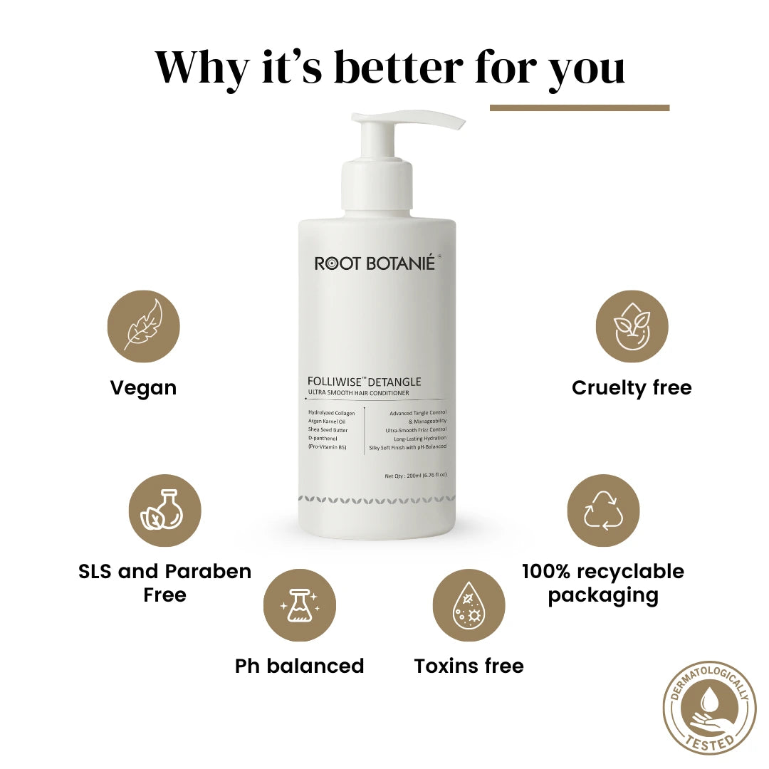 Root Botanié folliwise detangle ultra smoothening conditioner for damaged, frizzy, tangled curly hair best for split ends dermatologist  recommended  for indian men and Women benefits