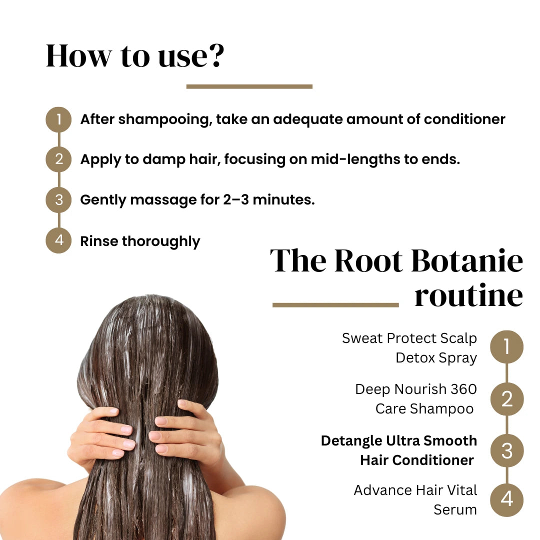 Hair care routine guide with steps and product names, featuring a person with wet hair. Root Botanié folliwise detangle ultra smoothening conditioner for damaged, frizzy, tangled curly hair best for split ends dermatologist  recommended  for indian men and Women
