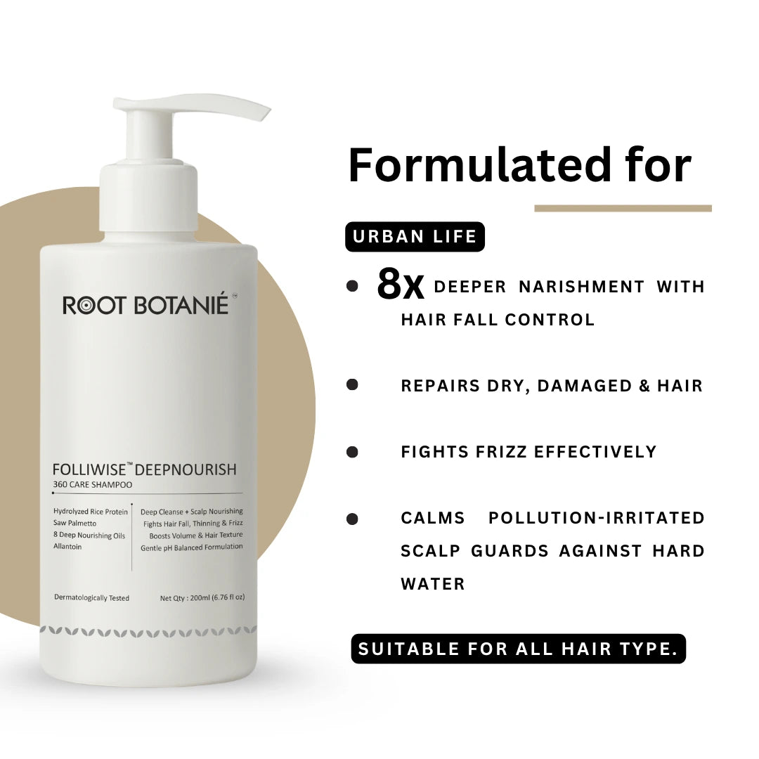 Root Botanie Deep Nourish 360 Care Anti-Hair Fall Shampoo Formulated for hair fall control and damage repair. 