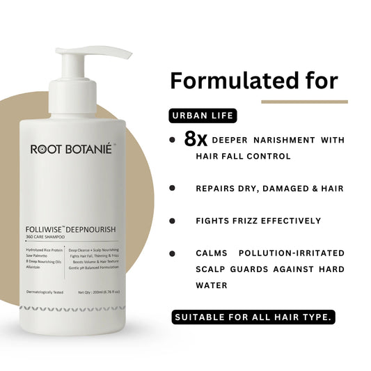 Root Botanie Deep Nourish 360 Care Anti-Hair Fall Shampoo Formulated for hair fall control and damage repair. 