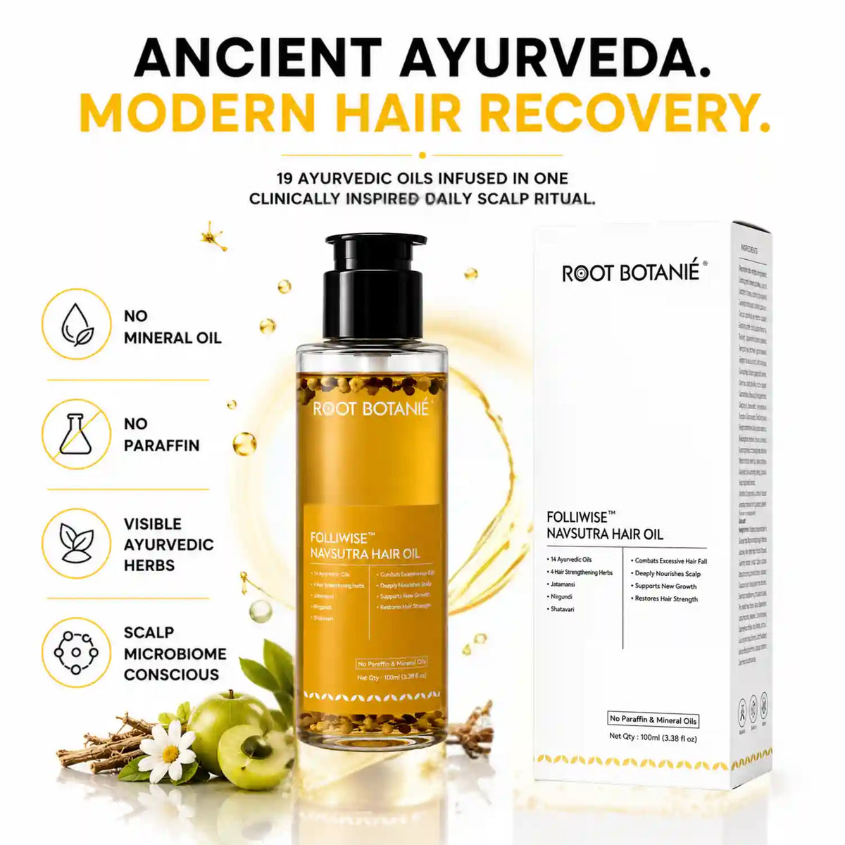Root Botanie Folliwise Navsutra Hair Oil with 14 Ayurvedic oils, modern Ayurvedic hair recovery oil for scalp microbiome balance and healthy hair growth.