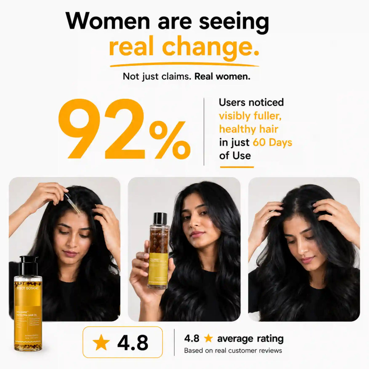 Root Botanie Ayurvedic hair oil real women results, healthier fuller hair in 60 days, scalp nourishing herbal hair oil for hair growth and hair fall reduction.