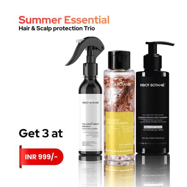 Three hair care products from Root Botanics for summer swat protection and anti hair fall itch control, hair growth scalp balancing shampoo