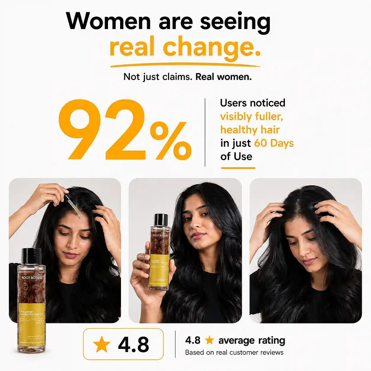 Root Botanie Ayurvedic hair oil real women results, healthier fuller hair in 60 days, scalp nourishing herbal hair oil for hair growth and hair fall reduction.