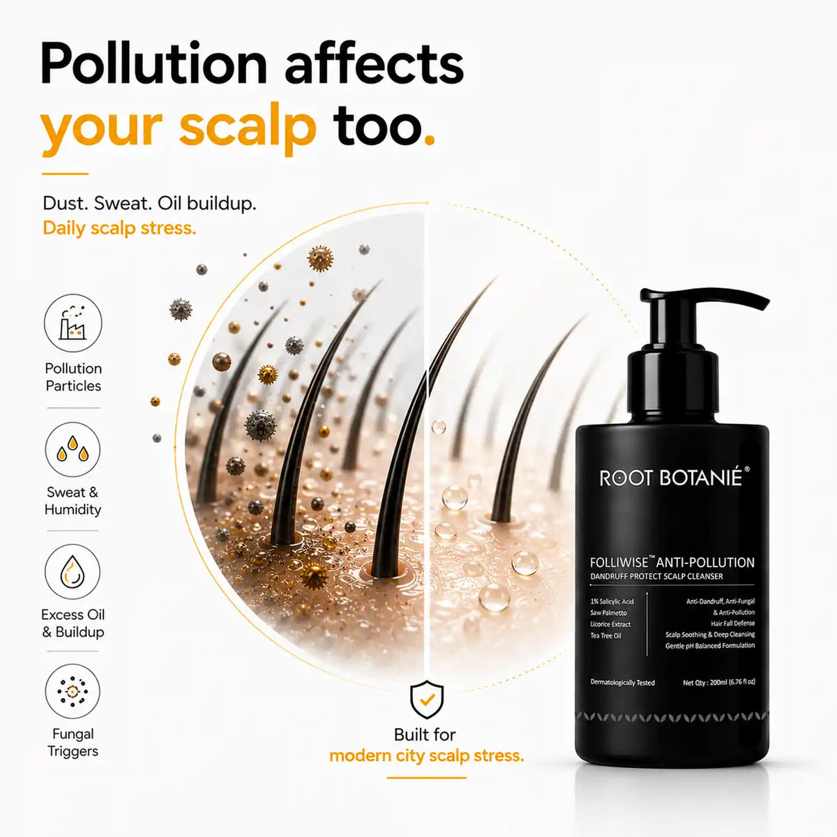 Root Botanie Anti Dandruff anti pollution shampoo 100% dandruff clean best for Scalp Microbiome balance, DHT blocker , hard water shampoo, dermatologist recommended medicated shampoo for Oily Hair and Scalp , best anti pollution shampoo.