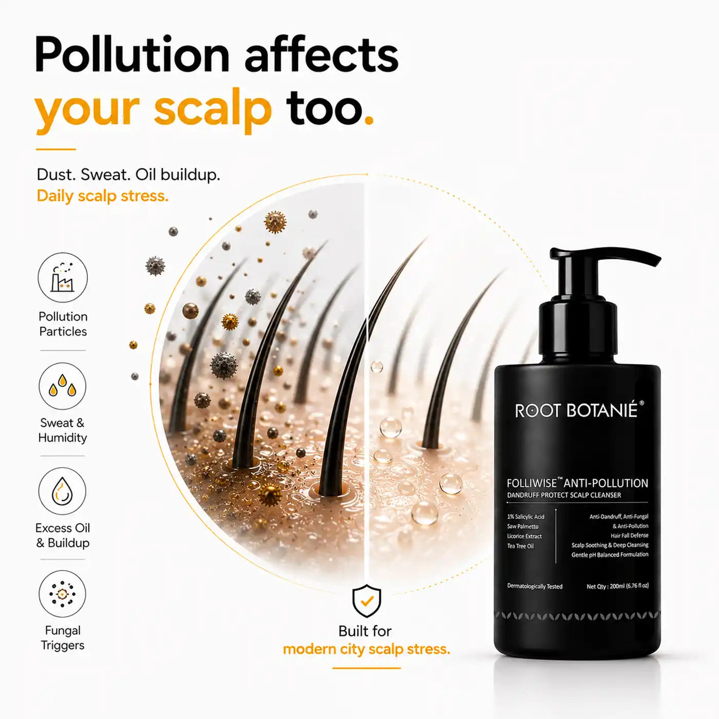 Root Botanie Anti Dandruff anti pollution shampoo 100% dandruff clean best for Scalp Microbiome balance, DHT blocker , hard water shampoo, dermatologist recommended medicated shampoo for Oily Hair and Scalp , best anti pollution shampoo.
