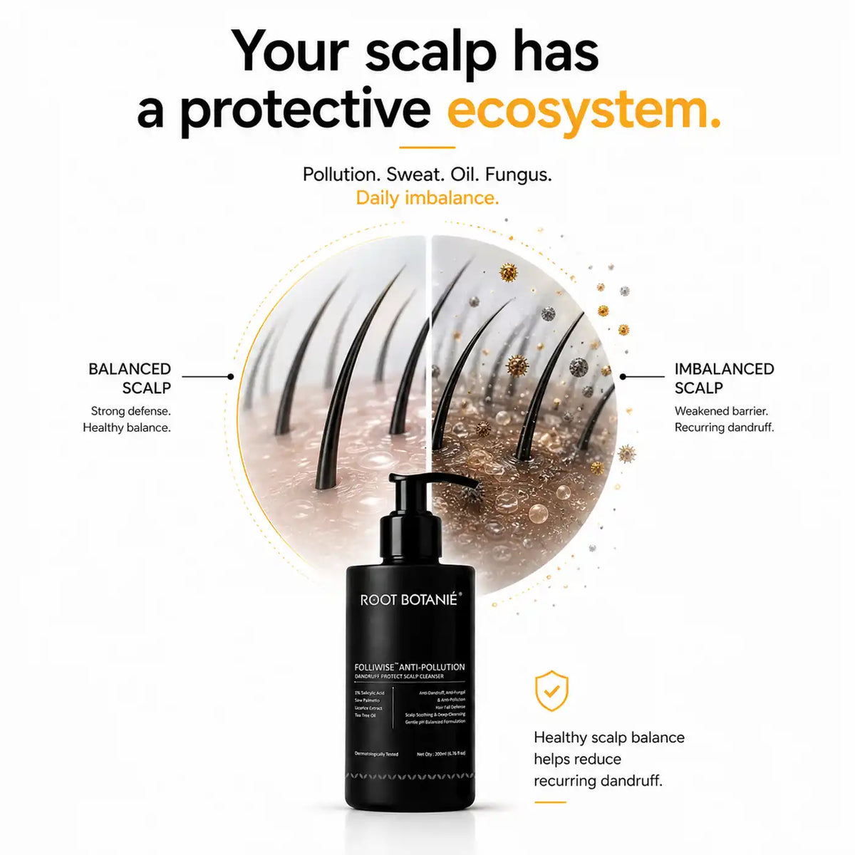 Root Botanie Anti Dandruff anti pollution shampoo 100% dandruff clean best for Scalp Microbiome balance, DHT blocker , hard water shampoo, dermatologist recommended medicated shampoo for Oily Hair and Scalp 