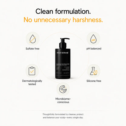 Root Botanie Anti Dandruff anti pollution shampoo 100% dandruff clean best for Scalp Microbiome balance, DHT blocker , hard water shampoo, dermatologist recommended medicated shampoo for Oily Hair and Scalp 