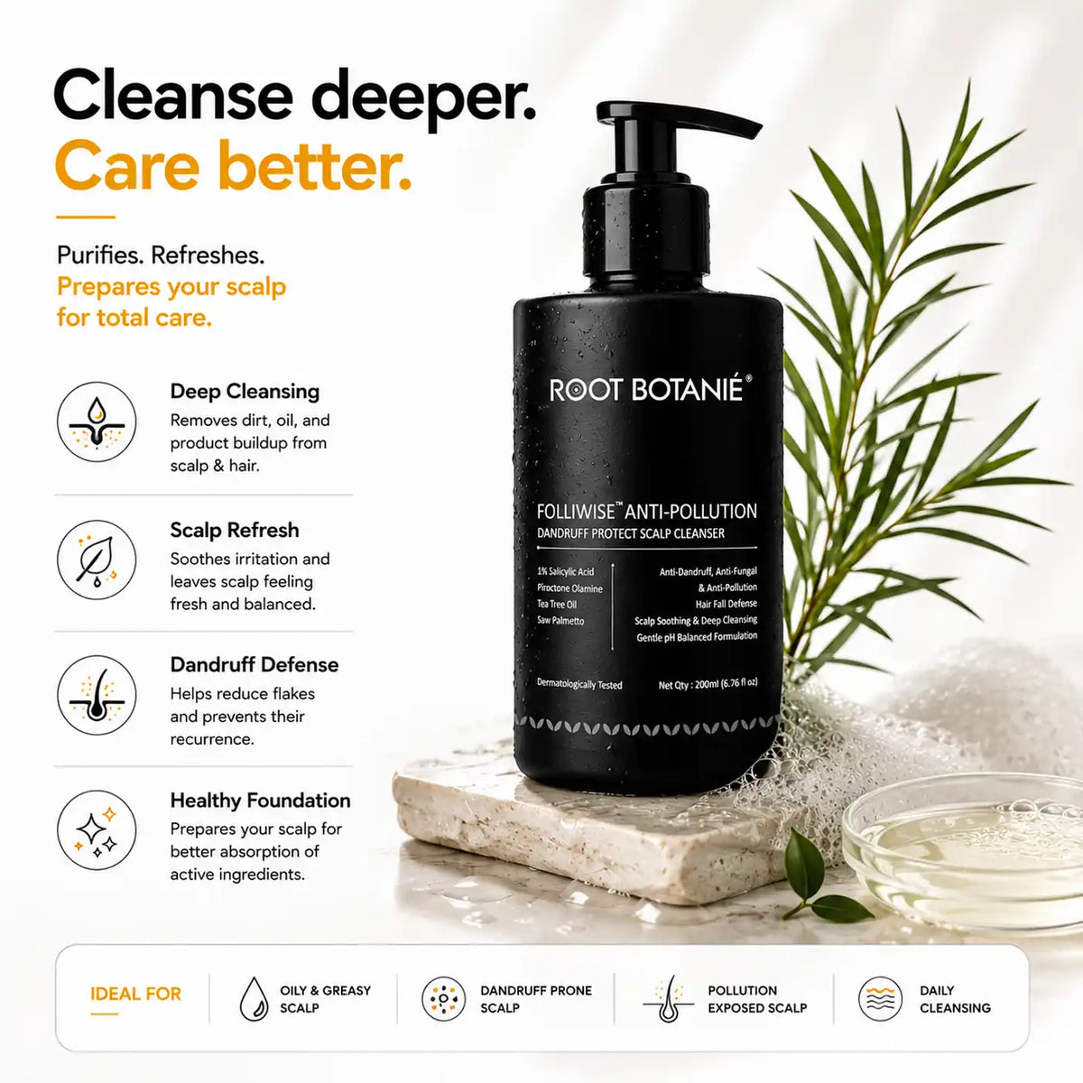 Root Botanie Anti Dandruff anti pollution shampoo 100% dandruff clean best for Scalp Microbiome balance, DHT blocker , hard water shampoo, dermatologist recommended medicated shampoo for Oily Hair and Scalp 