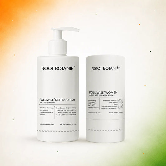 Two white bottles of Root Botanié haircare products' FOLIWISE WOMEN Serum and Shampoo