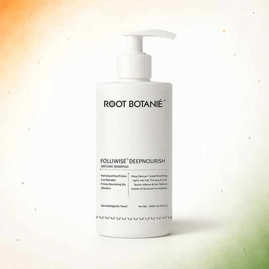 Root Botanie Deep Nourish 360 Care Anti-Hair Fall & Anti-Frizz Shampoo – Best Dermatologist Recommended Medicated Shampoo for Hair Fall and Damaged Hair in India.