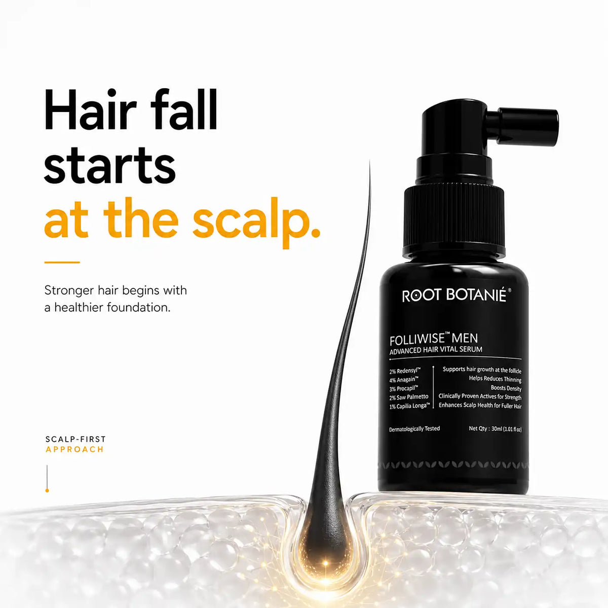 Scalp Microbiome balance serum Root Botanie Folliwise Men Hair Growth Serum faster hair growth designed for men only , best hair regrowth serum No Minoxidil. 
